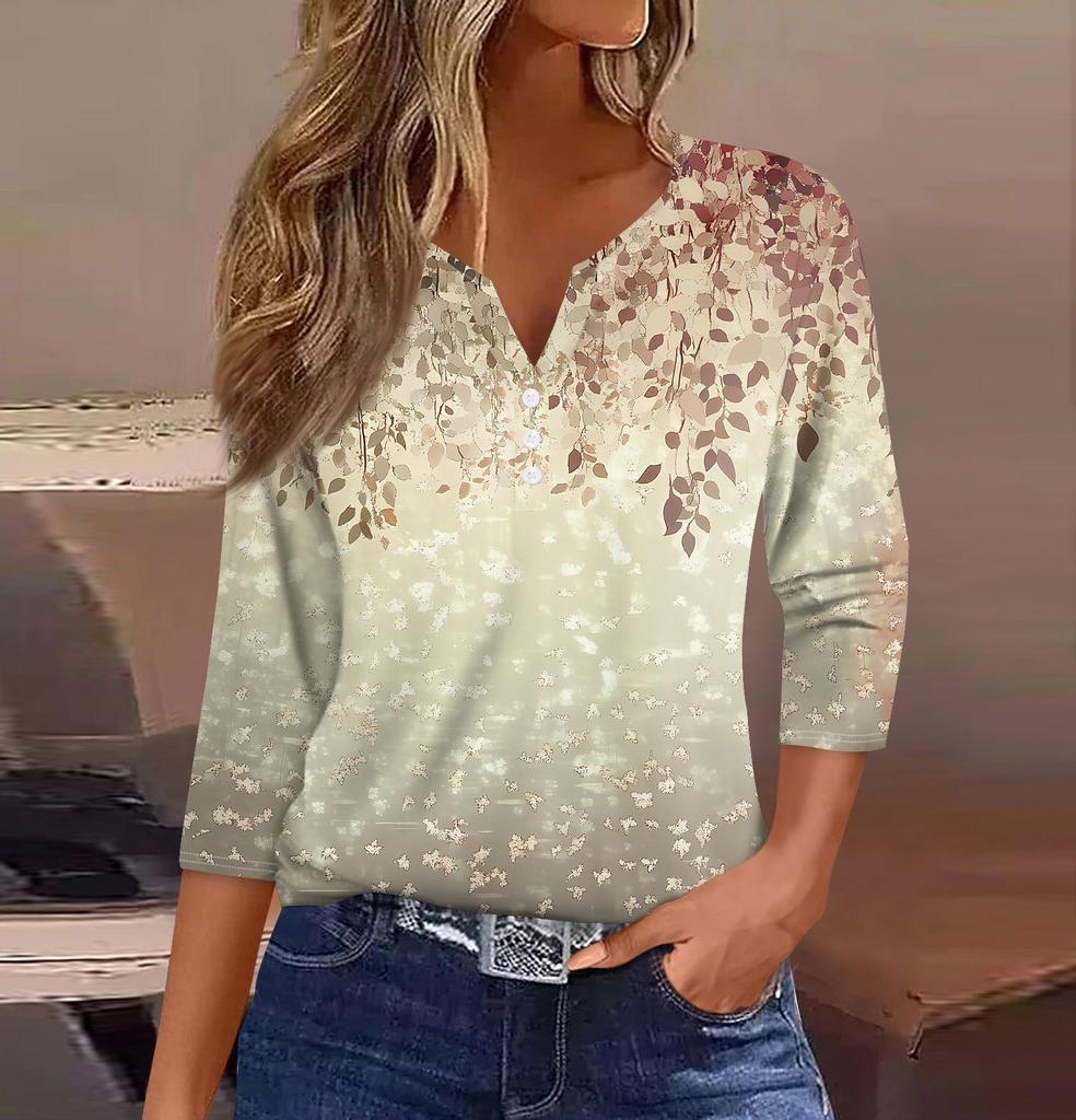 Damen T-Shirt mit Aufdruck, Knopfleiste, 3/4-Ärmel, für den Alltag, Wochenendmode, Basic, V-Ausschnitt, normales Oberteil