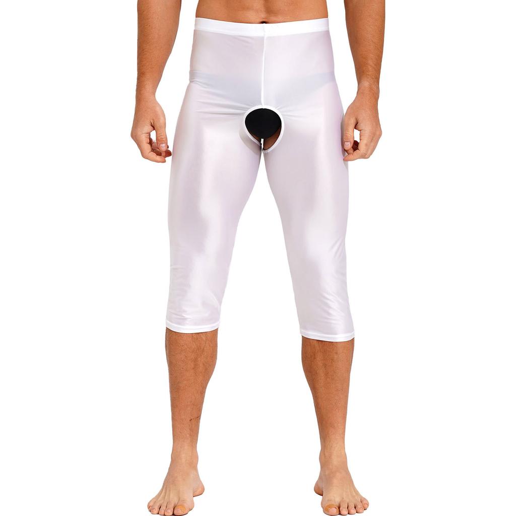 Mens Glossy Open Crotch Shorts Stretchy Elastic Waistband Slim-Fit Leggings Smooth Fabric for Gym Club Outfits