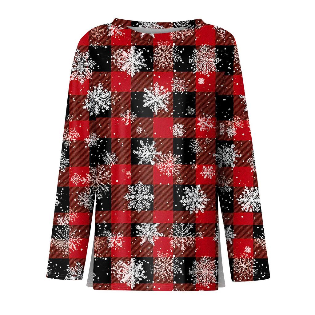 Women's Fashion Casual Slit Hem Round Neck Long Sleeve Loose Printed T-Shirt Ladies Top