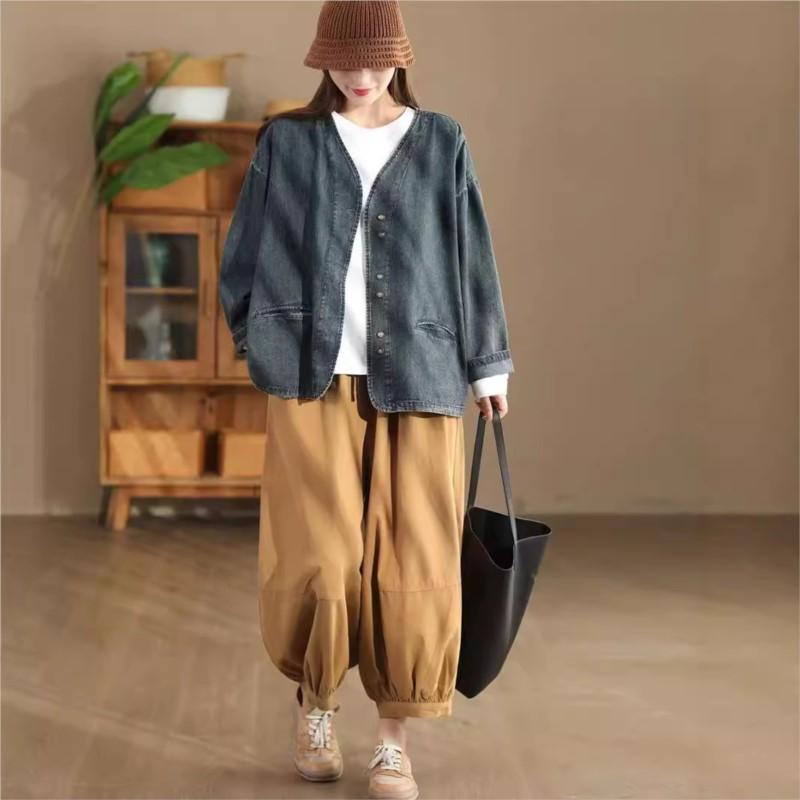 Johnature Dámský podzimní vintage kabát s dlouhým rukávem, módní véčkový výstřih, volný kovbojský kabát, ležérní vintage retro osobitý kabát