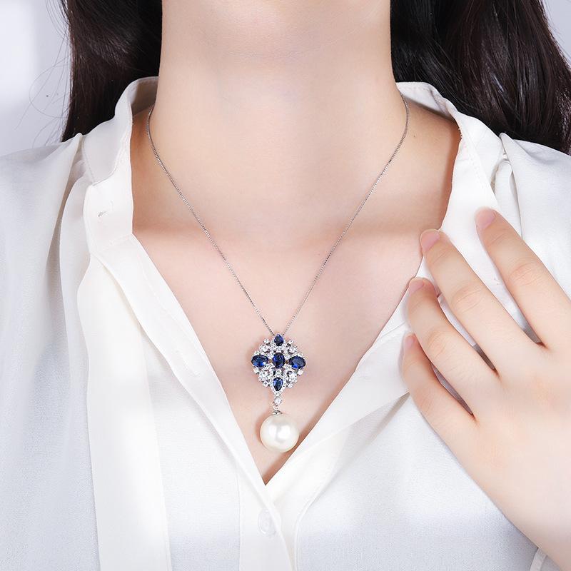 Eingelegter weißer Rhombus oval blauer Diamant Zirkon Perlen Anhänger Halskette einfache Retro personalisierte Halskette