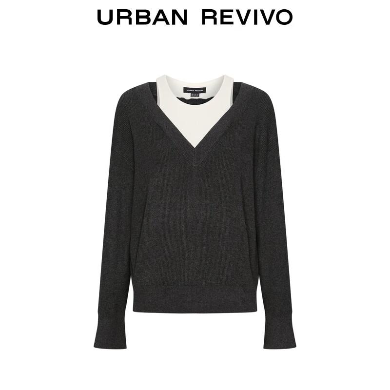 UR Women's Faux Two-Piece Color-block Round Neck Knit Sweater UWJ950117