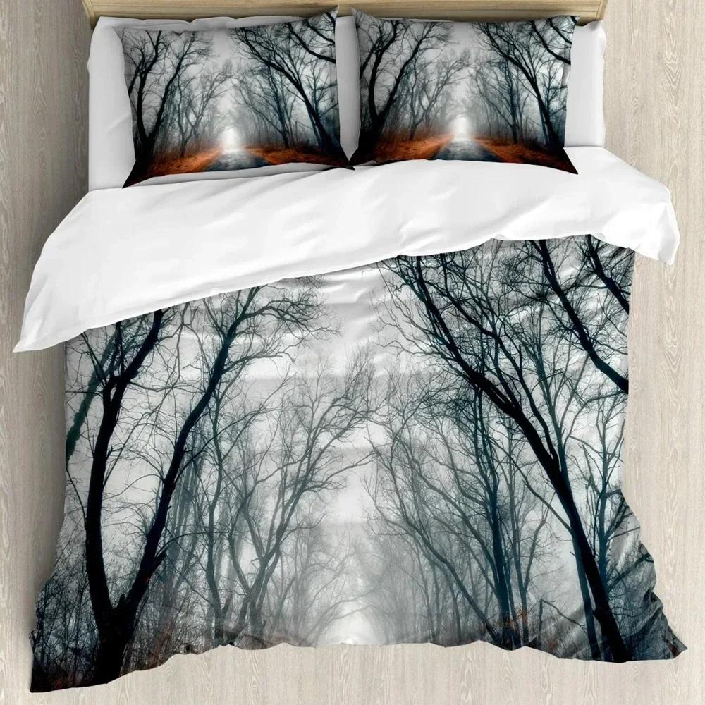 Smoky Mountain Kiefernwälder Grau Baum Naturlandschaft Kunst Bequemer Bettbezug Bettdecke Kissenbezug Bettwäscheset Kinderzimmer