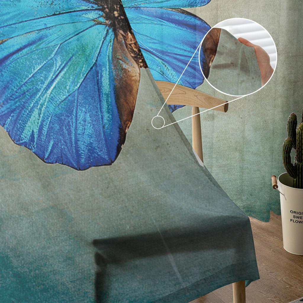 Spring Blue Butterfly Retro Window Treatment Tulle Modern Sheer Curtains for Kitchen Living Room the Bedroom Curtains Decoration