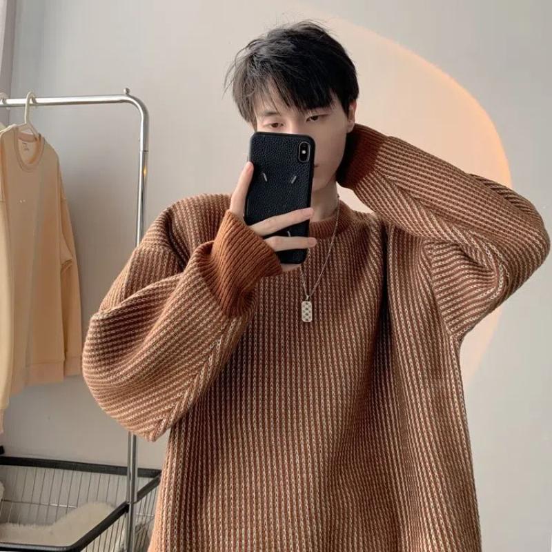 High Street Fashion Stripe Sweater Men Chic Soft and Sticky Autumn Winter Laziness Loose Knitted Casual All-match Pullovers