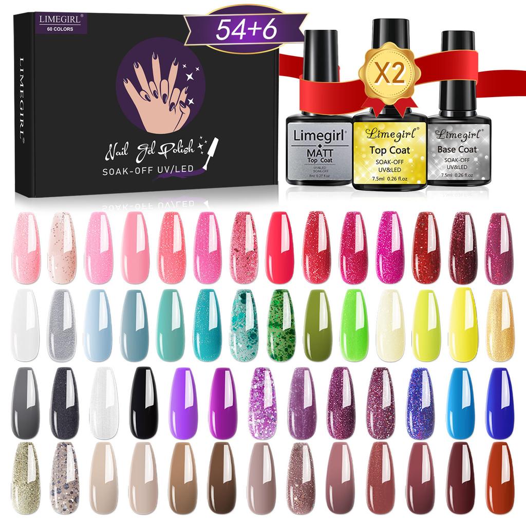 8ml Nail Gel Polish Kit 60pcs Full Set Box Glossy Long-lasting UV Gel Base Top Coat
