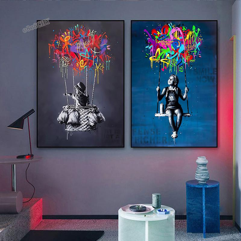 Hot Ball Child Graffit Canvas Painting Banksy Ballon Girl Dream Big Dreams Posters Street Wall Art Pictures Cuadros Home Decor