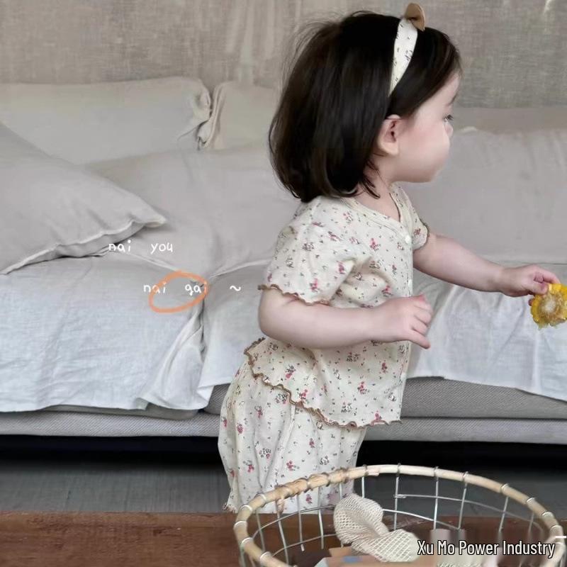 Baby Girls' Creamy Milk Cap Floral Summer Two-Piece Set: Short-Sleeve Top & Pants