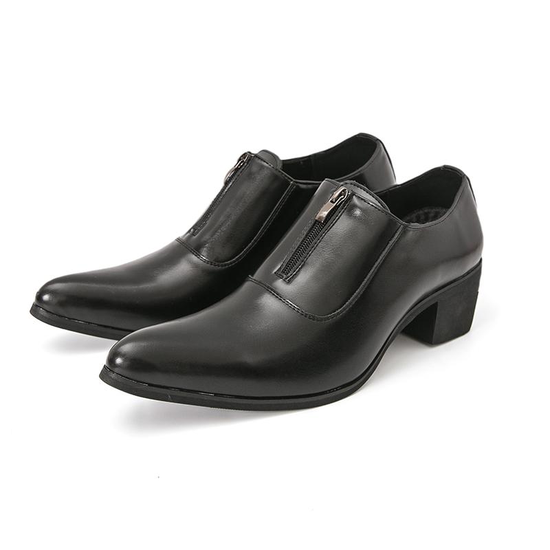Men Loafers Leather Individuality Formal Business Zipper Shoes Pointed Toe Heel Wedding Dress Prom Shoes Over Sized