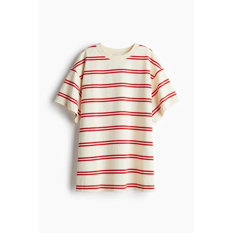 

HM Women s T-shirt Autumn Fashion Casual Large Profile Stripes round Neck Short Sleeved Red Tops 1061299