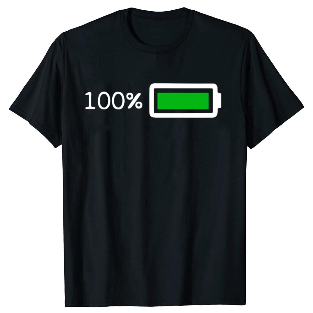 Black TShirt with Full Battery Graphic Comfortable Casual Short Sleeve Tees Fun and Energetic Design for Tech Enthusiasts Tops
