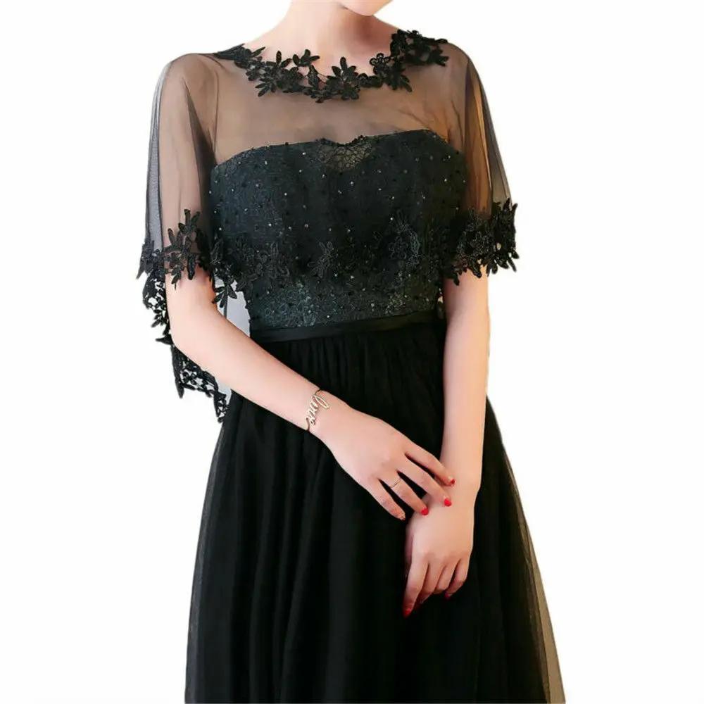 Casual O-Neck Lace Short Sleeve Bridal Wedding Elegant Women Cape Summer Black Applique Tulle Evening Prom Cape Cosplay Shawl