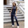 Women's Sleeveless High Neck Satin Jumpsuit with Wide Legs In Navy Blue