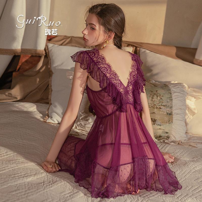 Women's Sheer Mesh Lace Bow Trim Sleep Dress with Robe Lingerie Set