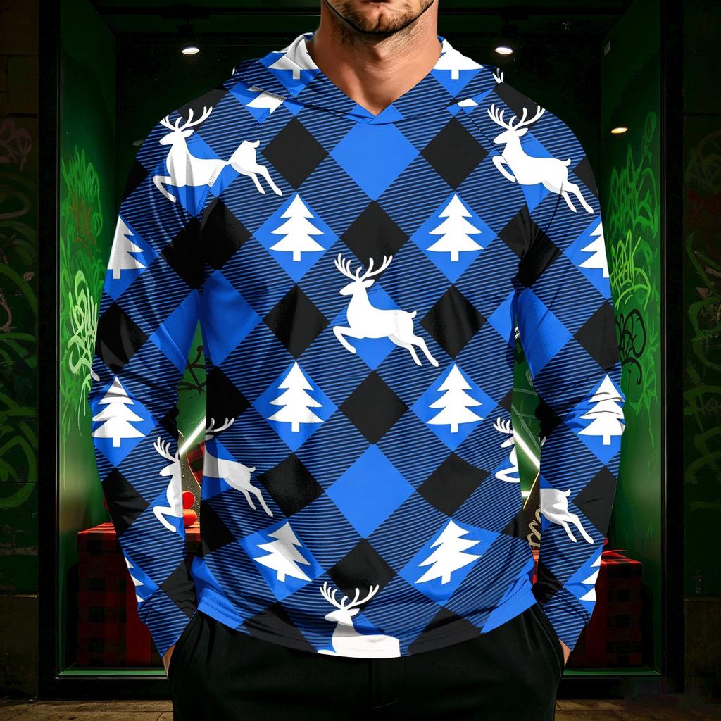 Men's Long Sleeve Hooded Sun Shirt with Christmas Print for Casual Daily Wear