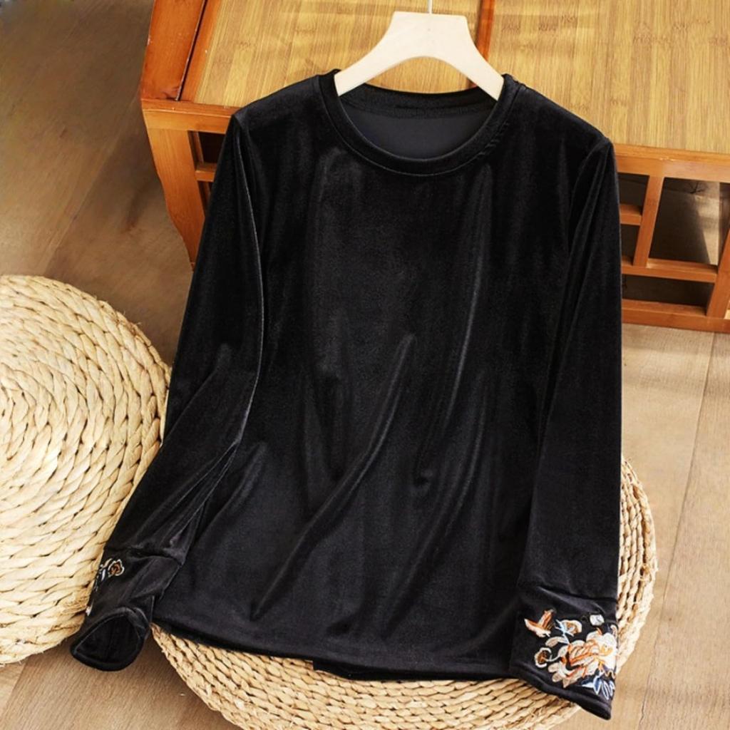 Women's Fashion Round Neck Velvet Undershirt, Loose T-Shirt Top For Layering