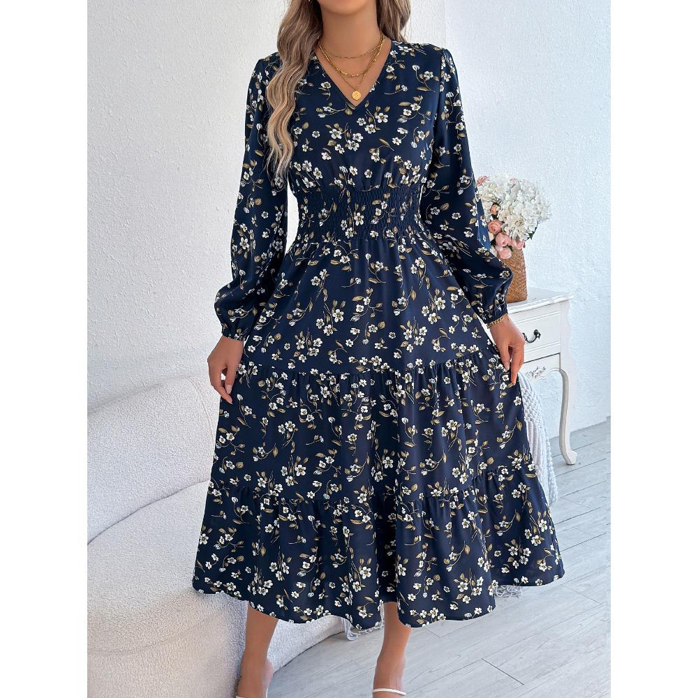Robes Femme Mode Élégantes Florales Col V Manches Longues Taille Volants A-Ligne