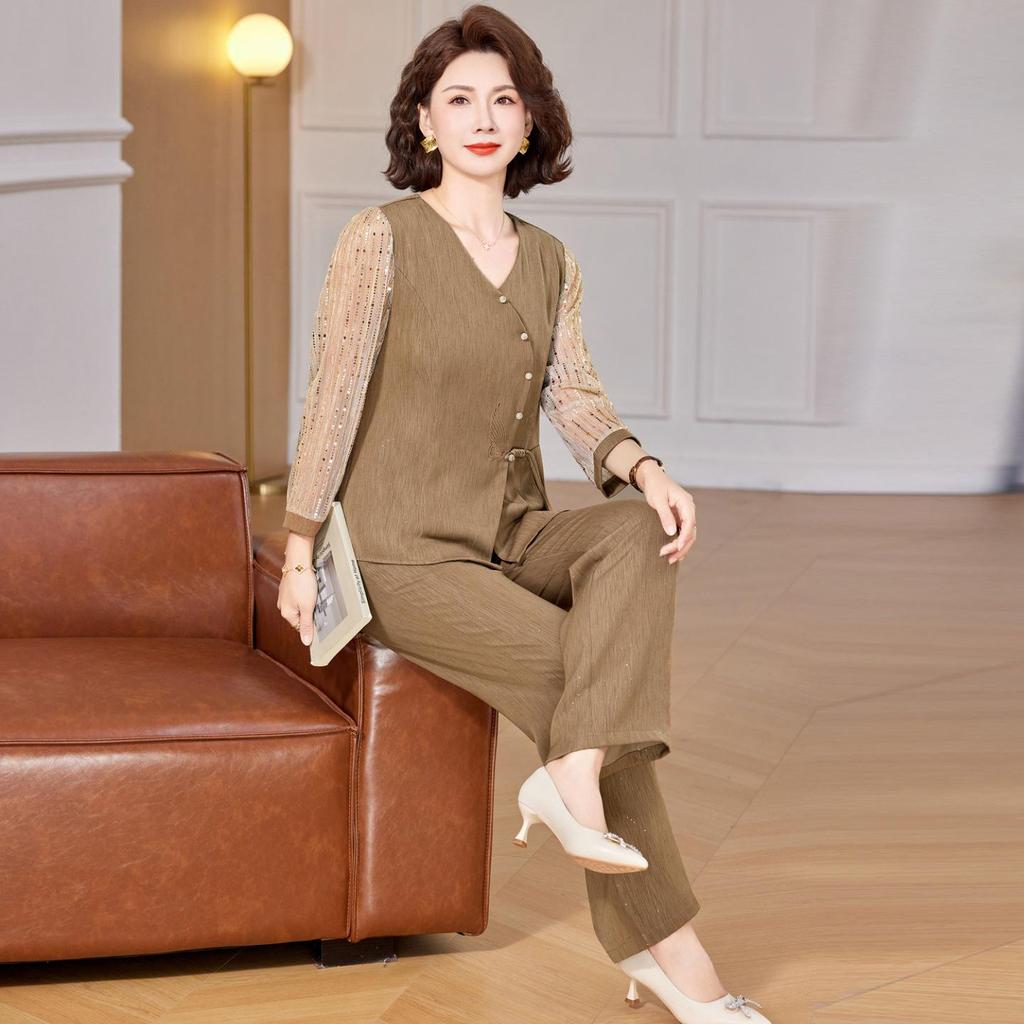 Mom's Summer Slimming Top & Elegant Wide-Leg Pants Set for Middle-Aged Women