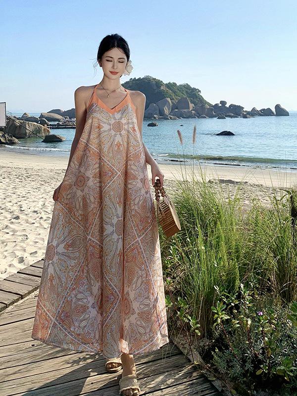 

Retro Print Spaghetti Strap Vacation Maxi Dress Small