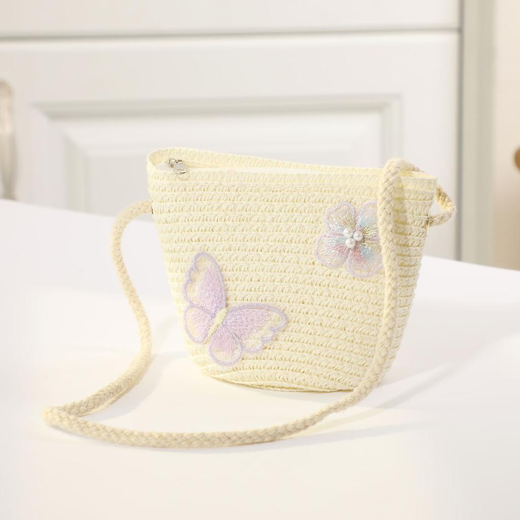 Borsa in paglia con cerniera e fiore per bambina, simpatici accessori per foto, borsa a tracolla intrecciata a mano per bambini, cestino portaoggetti, portamonete, borsa a tracolla