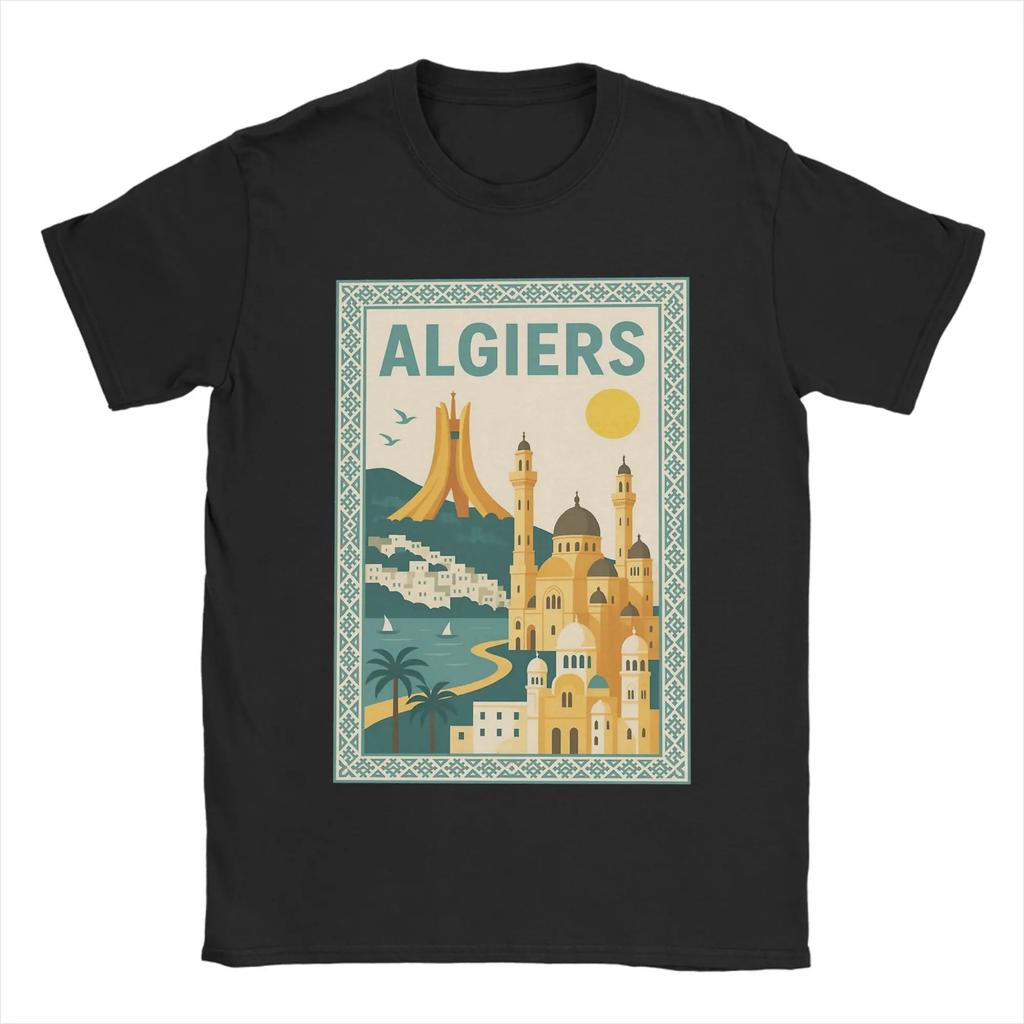 Men's 100% pure cotton T-shirt with Algerian city pattern print, hip-hop streetwear, casual top