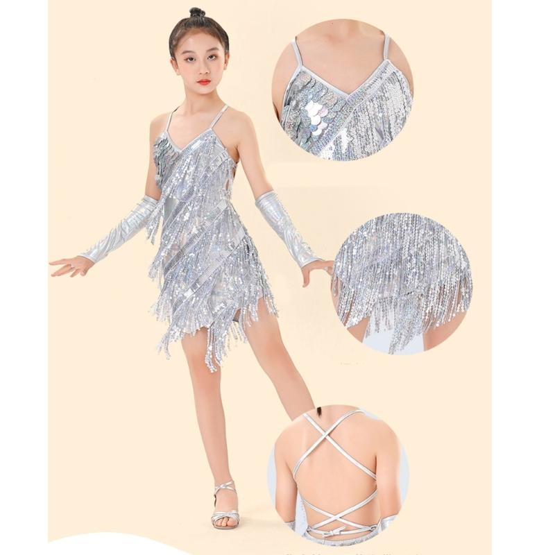 Vestido de Danza Latina Borlas Ropa de Baile Salsas Lentejuelas Flecos Vestido Bailarín Moderno de Salón Cha Cha Trajes para Niños Niñas