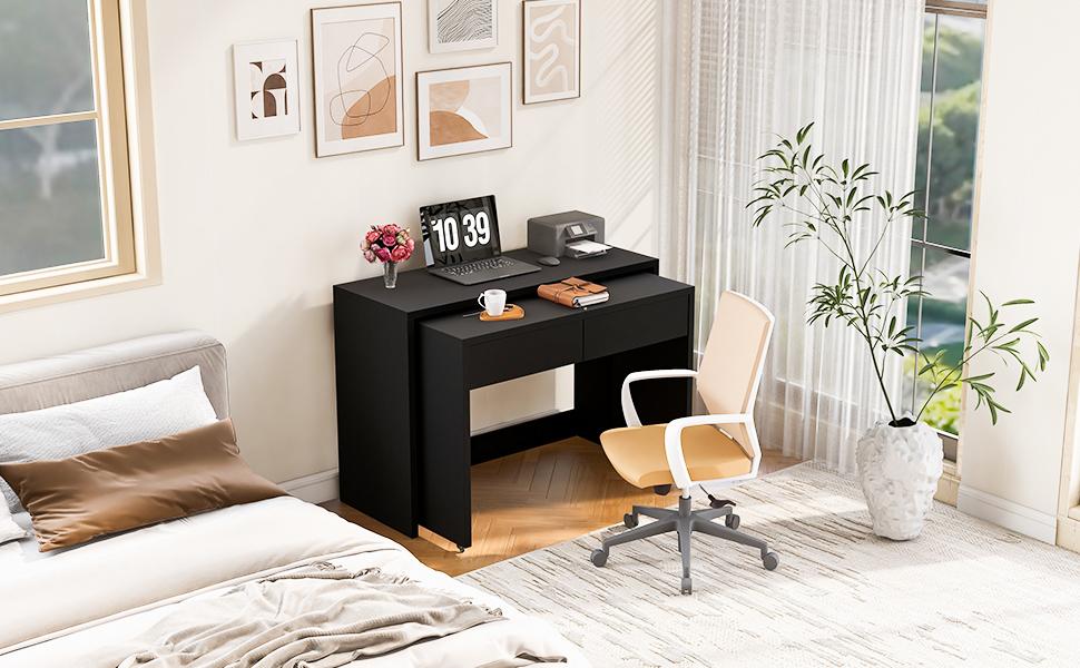 Scrivania a mensola + Comodino 2-in-1 Scrivania compatta, estensibile, l'intero tavolo è realizzato in legno di 1,8 cm di spessore, dotato di rotelle, combinabile in modo flessibile