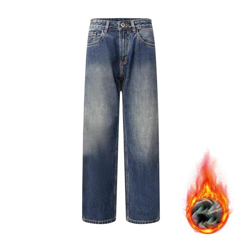Autumn/Winter Men'S American High Street Retro Straight Leg Jeans Thick Pants With Velvet Loose Trendy Versatile Denim Pants