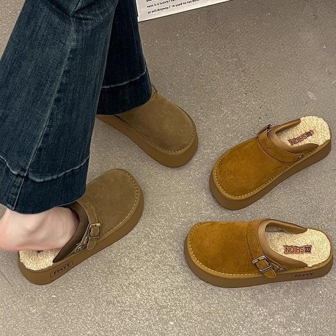 Stylish, Simple and Versatile Baotou Drag Women 2025 Autumn and Winter New Outer Wear Belt Buckle Thick Sole Height Increase Home Mao Mao Shoes