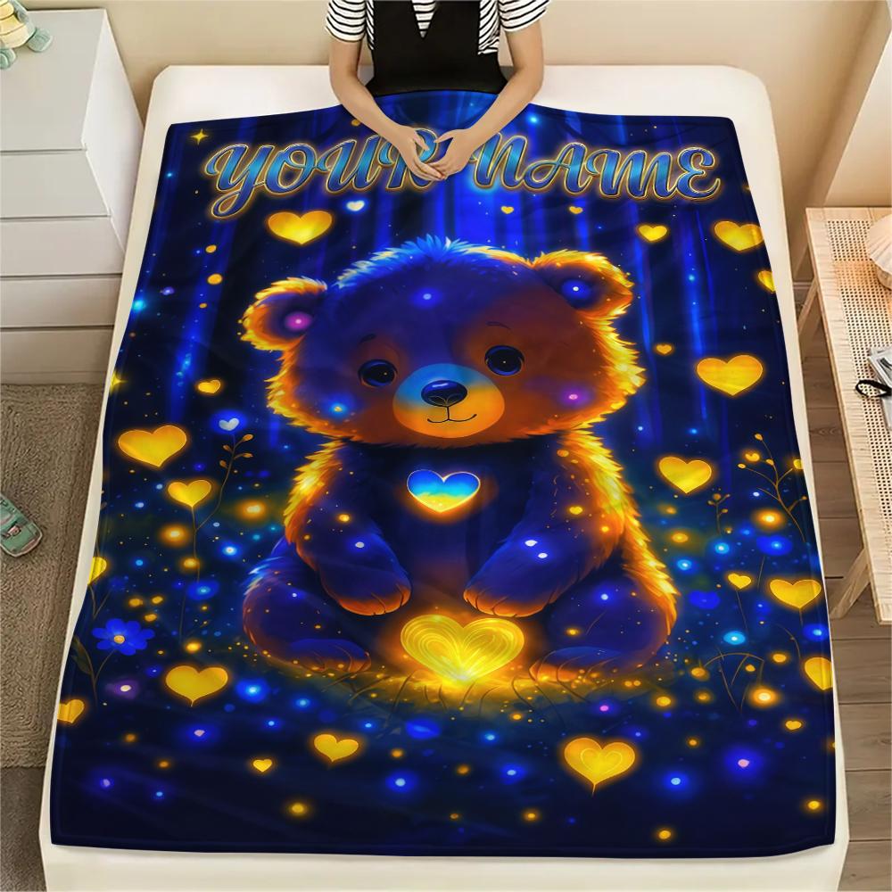 1PC Custom Name Forest Bear Heart Patterned Flannel Blanket Suitable For All Seasons for Home Decor Warmth and Comfort Gifts Holiday Present_lx