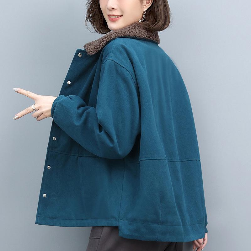 

Женская хлопковая зимняя куртка на флисовой подкладке – Короткий стиль, Для среднего возраста, Большого размера, Отложной воротник, Модная и утепленная. M (Up to 110 jin) павлин голубой