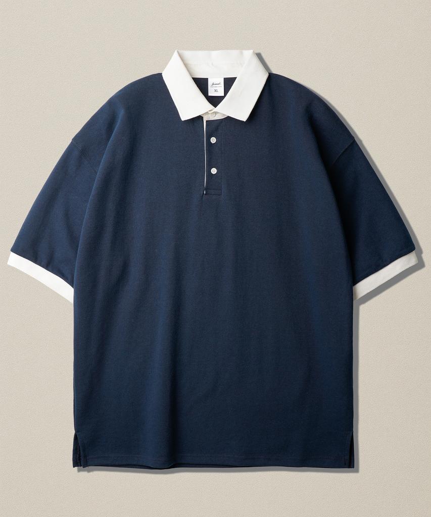 JEMUT Chess Ringer Collared Short Sleeve T-Shirt Navy Kjst2616