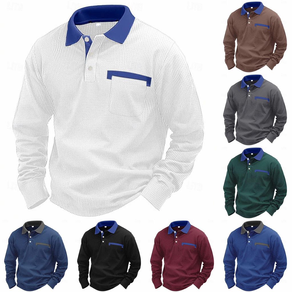 Men's Casual Loose Colorblock Lapel Button Long Sleeve Top