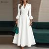 Women Casual Turn Down Collar Long Sleeve Loose Long Dress