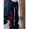 VibeStreet Rose Patchwork Slim Fit Jeans Damen Y2K Spicy Girl High Street Design Niedrige Taille Leicht Ausgestellt Lange Hosen Lässig Frühling Herbst