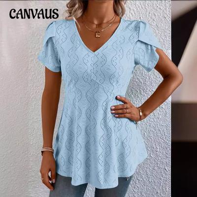 Summer Solid Colour V-neck Comfortable Casual T-shirt Short Sleeve Top for Women