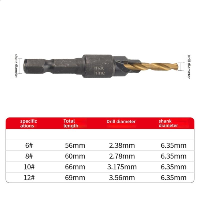 4Pcs Woodworking Tapper Hexagon Shank Screw Countersunk Drill Bit Taper Drill Hole Drilling Reaming Hardware Tool