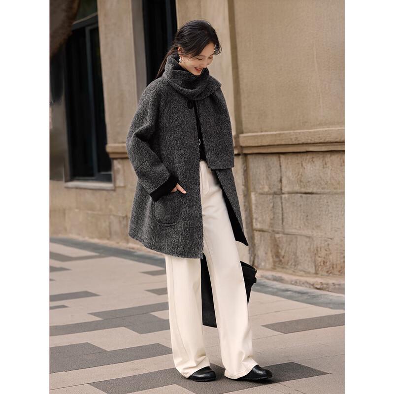 XWI Women's Alpaca Wool Double-Faced Coat with Detachable Scarf