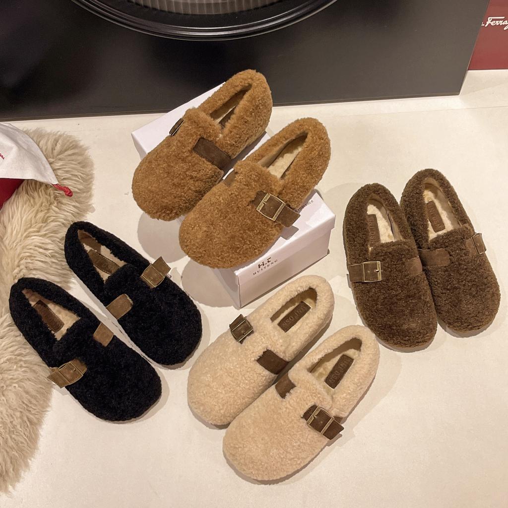 Pedal wool cotton shoes for women to wear in the autumn and winter of 2025, new flat-bottomed imitation lamb wool warm one-word Doudou shoes