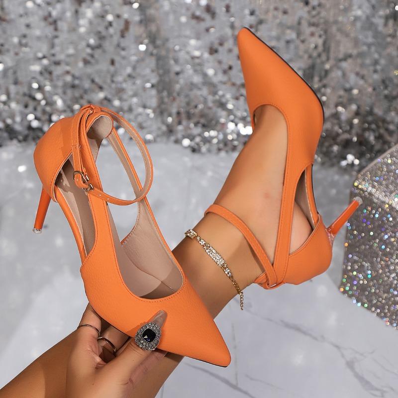 Summer new sexy European and American women's hollow high heels stiletto orange fashion pointed high-heeled sandals size 36-42