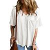 T-shirt da donna scollo a V manica corta T-shirt con finiture a taschino tinta unita casual top larghi abbigliamento quotidiano