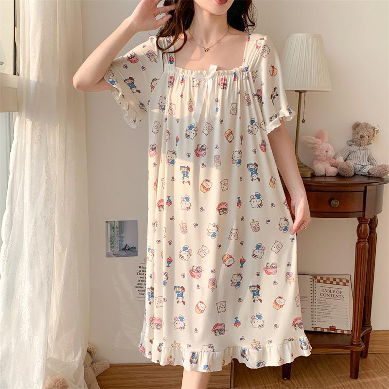 Women's Plus Size Ice Silk Nightdress - Summer Over-the-Knee, High-End, Loose Fit, Thin Section for Sizes Up To 300 Jin