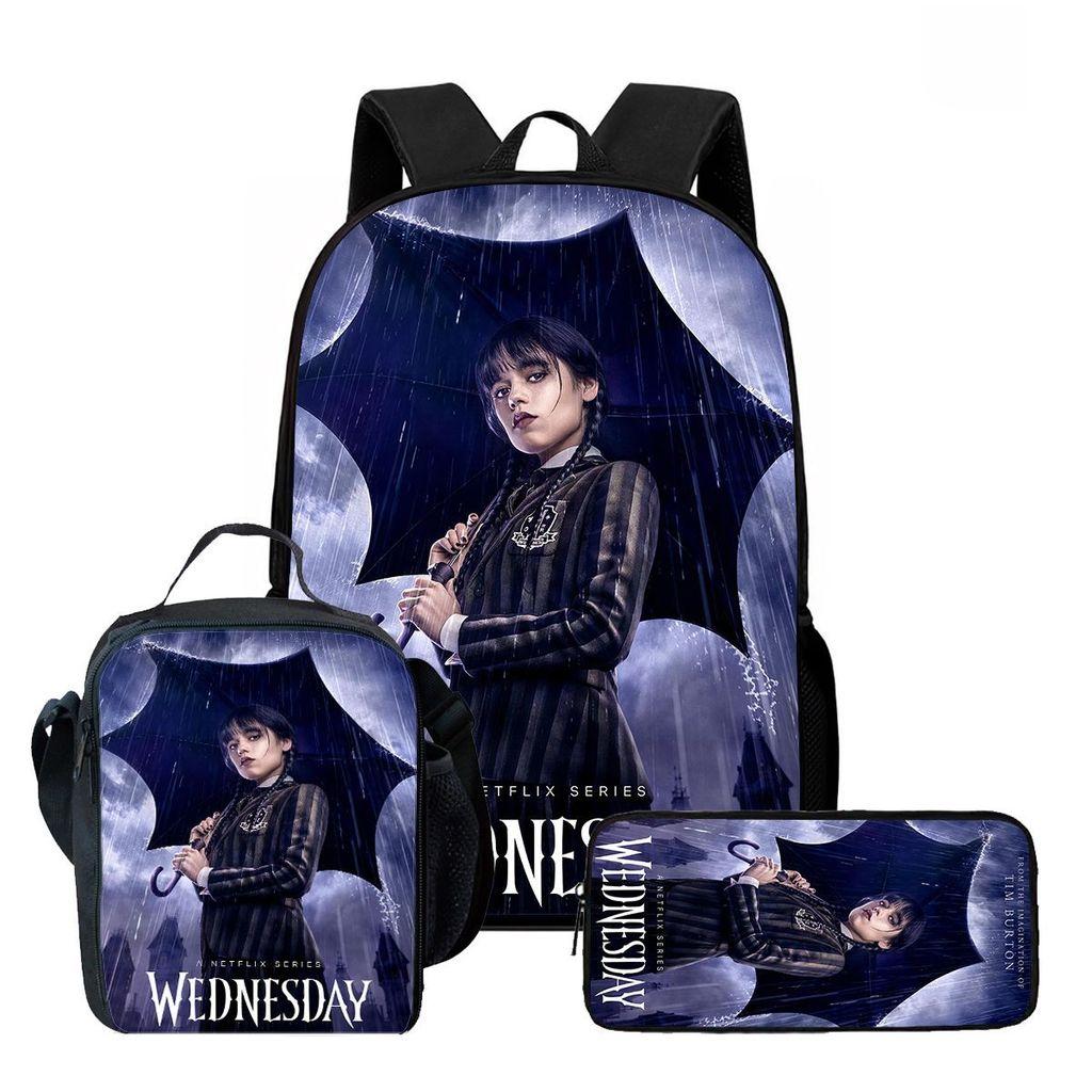 Wednesday Backpack Lunch Bag Pen Case Set With Geometric Pattern For Daily Use