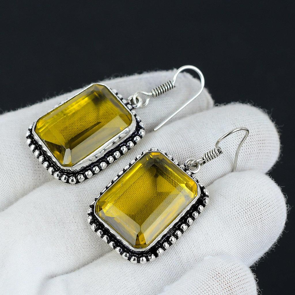 Citrine Gemstone Earring, 925 Sterling Silver Earring, Boho Silver Earring Jewelry, Bohemian Earring For Gifts, Women's Jewelry Earring