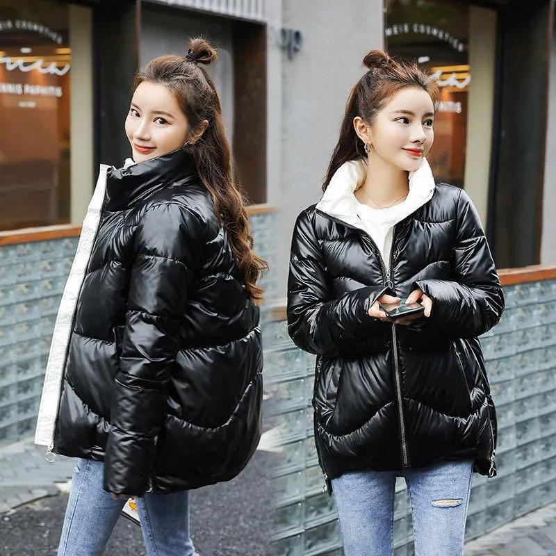 

Зимнее женское блестящее пальто, водонепроницаемое модное блестящее парка с воротником-стойкой, женское блестящее толстое хлопковое пальто XXL чёрный