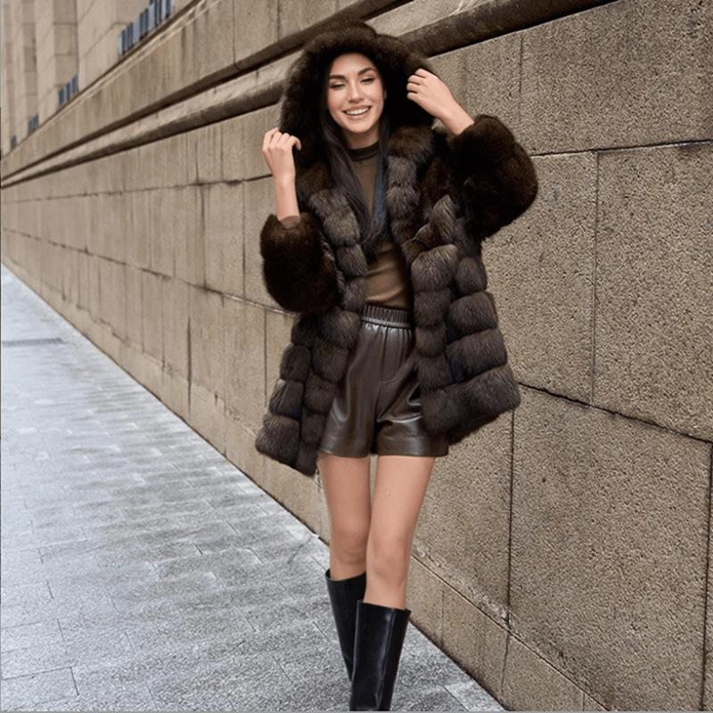 Cappotto da donna in pelliccia sintetica di visone Cappotto medio-lungo con cappuccio