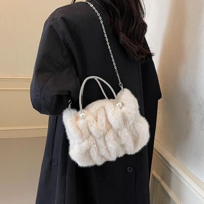 Korean Style Women Shoulder Bag Solid Color Soft Winter Fluffy Handbag Luxury Chain Top-Handle Faux Fur Crossbody Bag