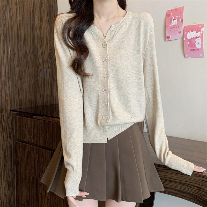 Women's Autumn Knit Cardigan: Short, Simple, Versatile Loose Fit, Casual Round Neck Long Sleeve Jacket