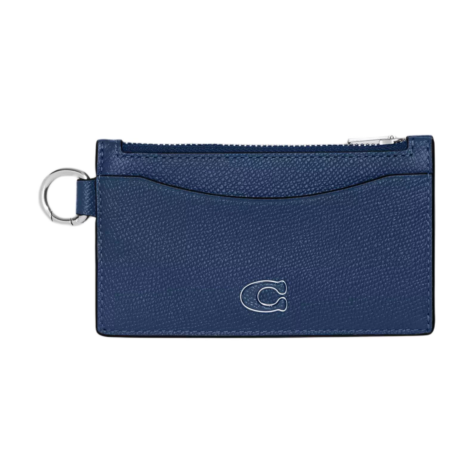 

COACH Zip Top Card Case 13 Letter Logo Stripe Zipper Closure Crossgrain Leather Wallet Card Holder Mini Men wallet Navy-Blue CJ879-DEB Marine Blue