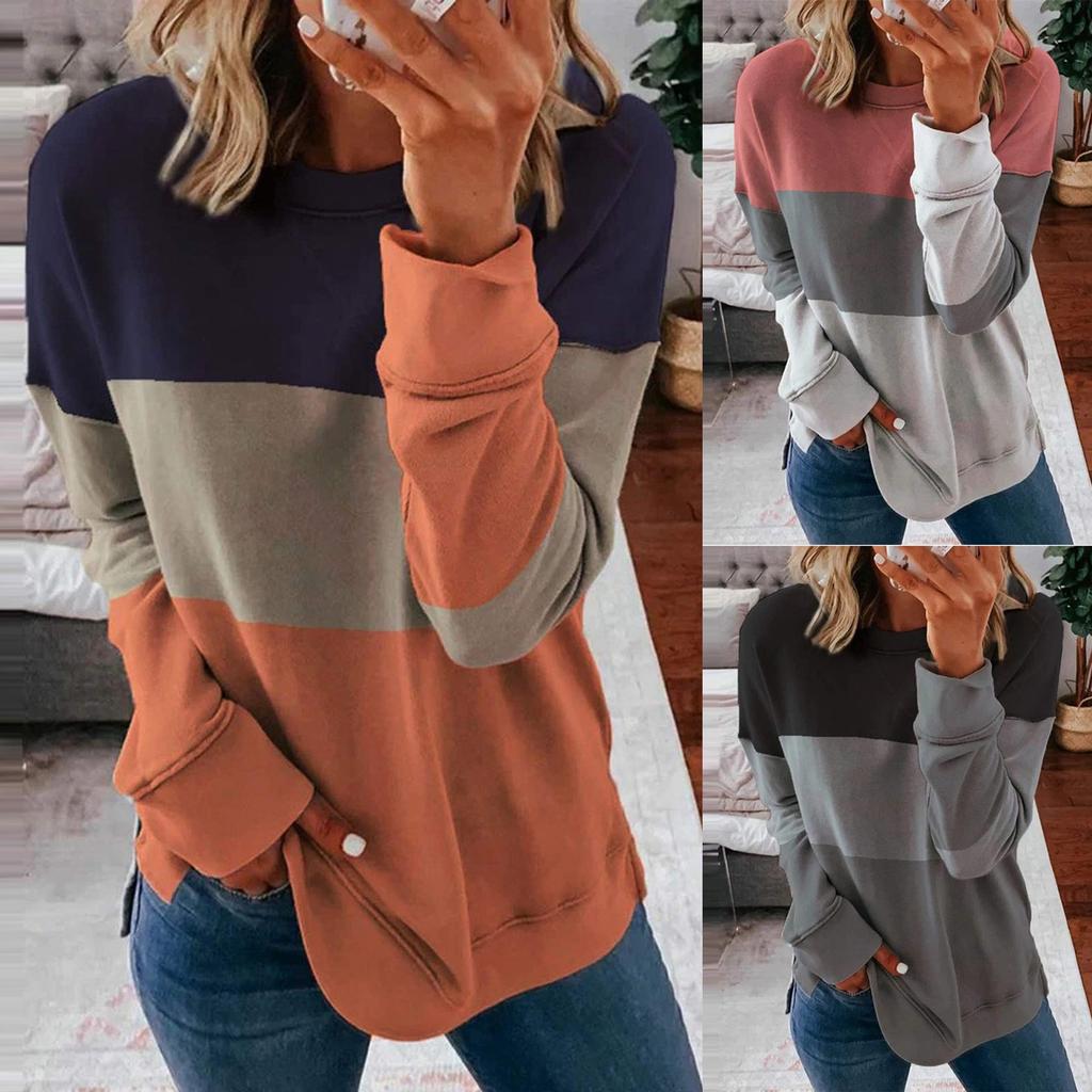 Women's Fashion Casual Long Sleeve Print Color Matching T Shirt Slim Top